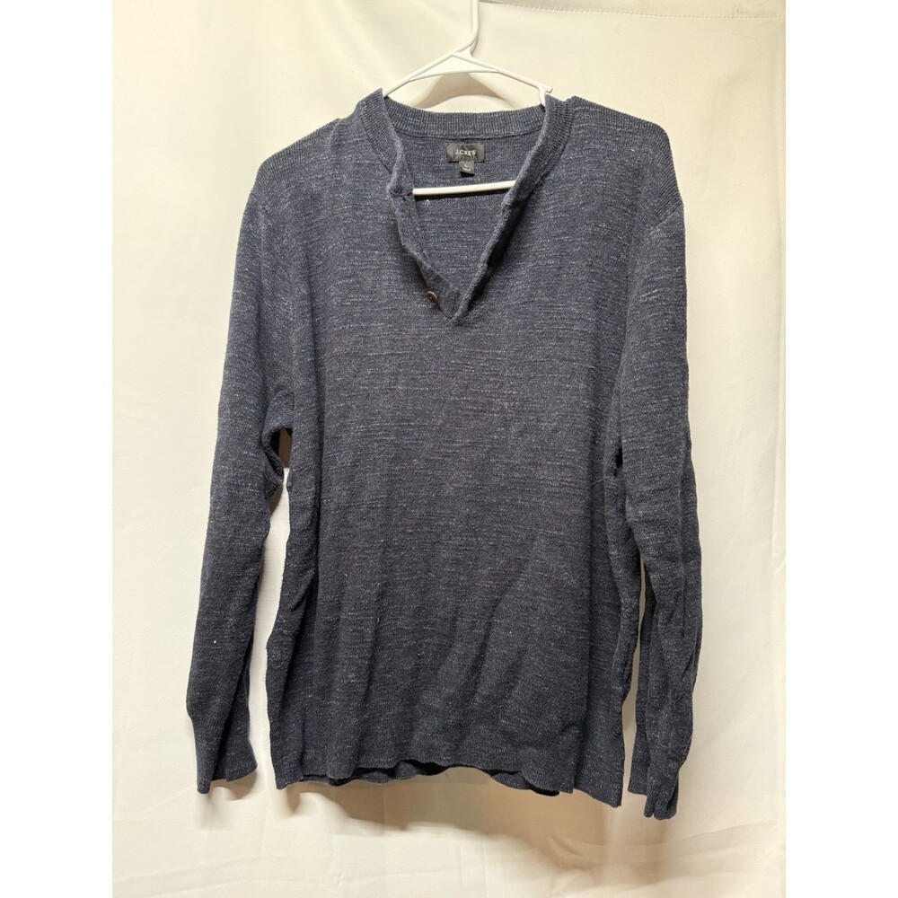 J.Crew Mens Large Navy Blue Heathered Cotton Henley Sweater Pullover Long Sleeve